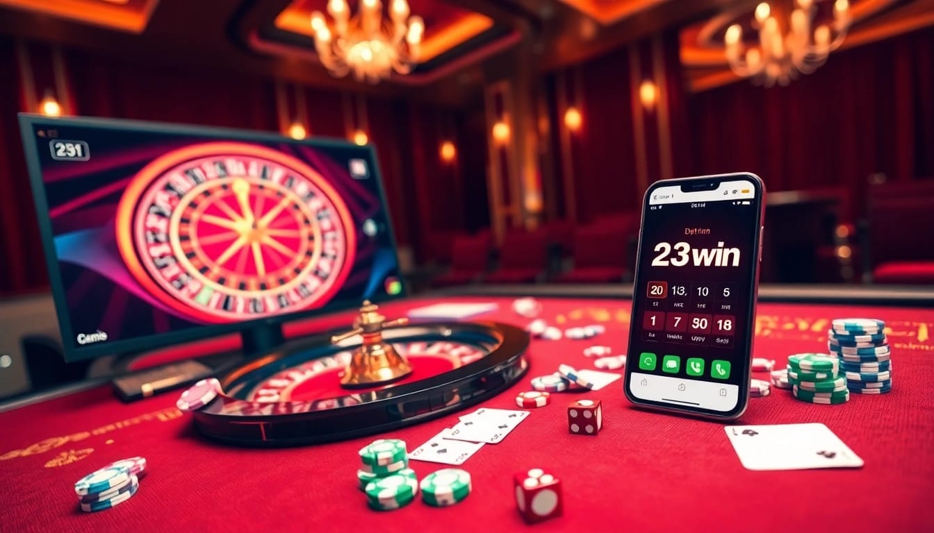 Exciting gaming action at 23win with a digital roulette and poker setup.
