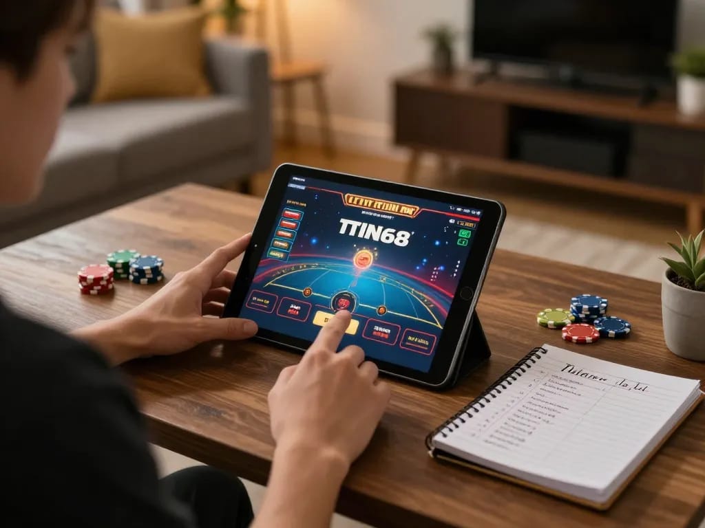 TWIN68 player engaged in online casino gameplay with tablet in cozy home environment