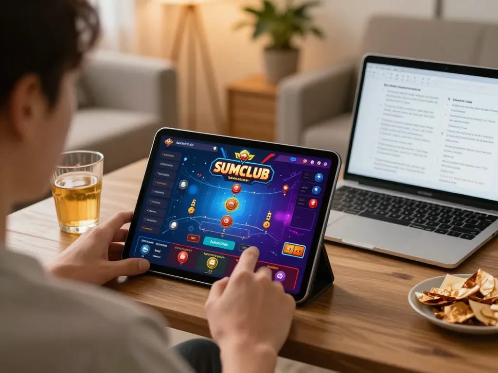 Engaging user plays slots on the SumClub app in a cozy home setting.