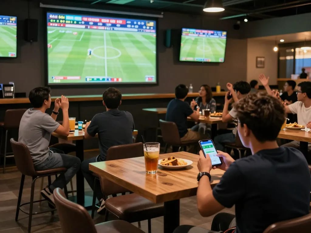 Kèo bóng đá enthusiasts analyzing betting odds in a vibrant sports bar.