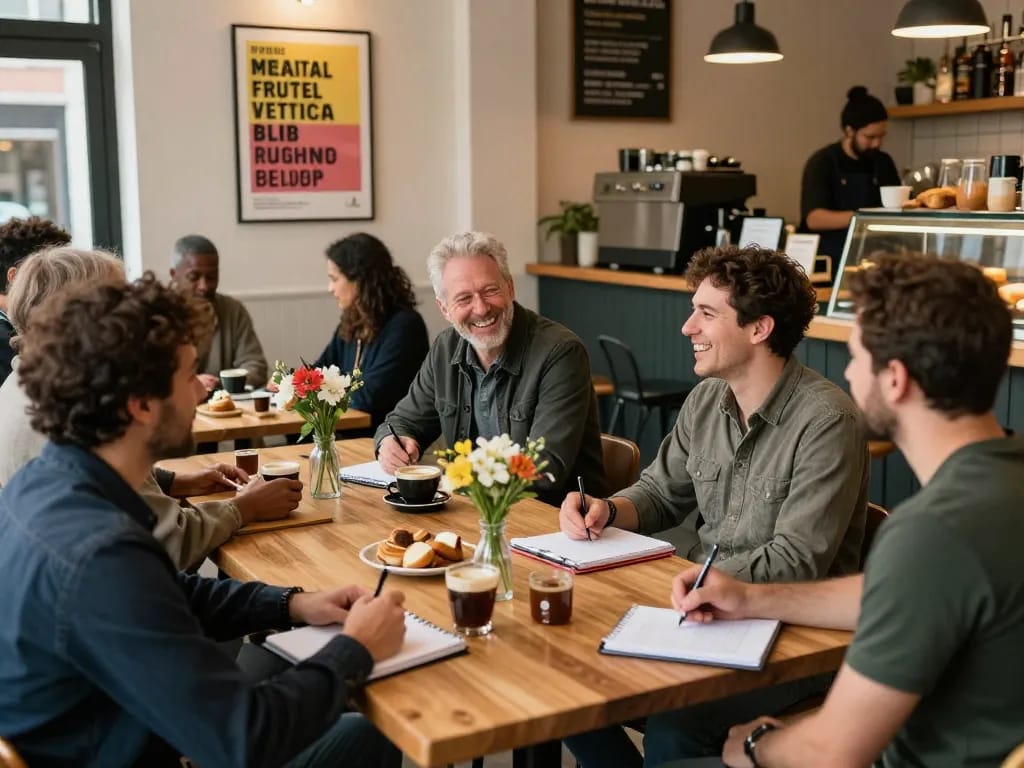 Men's support community gathering at café for manclub, fostering connection and dialogue.