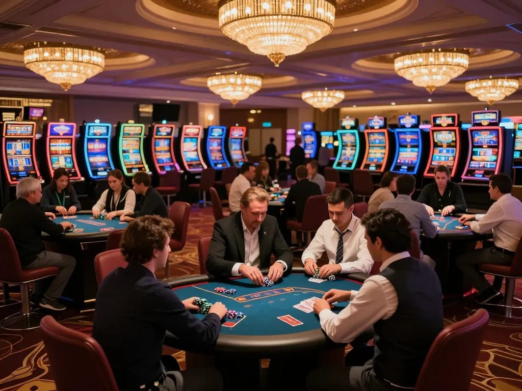 Players enjoying games at nhà cái sin88 in an upscale casino setting, vibrant atmosphere with colorful lights