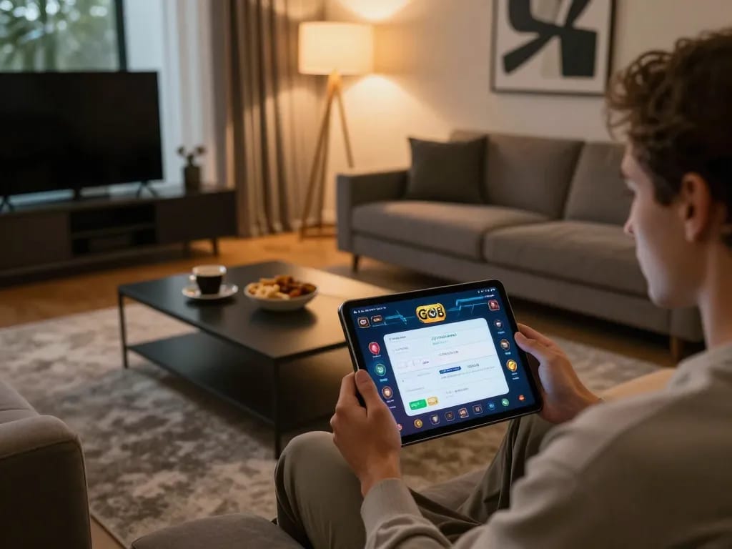 Engaged user interacting with the trang chủ go8 online casino app in a cozy home setting, demonstrating modern gambling experience