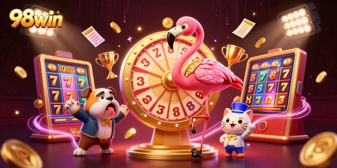 Engaging 98win casino illustration with flamingo game show host, bulldog contestant, and dynamic slot elements.