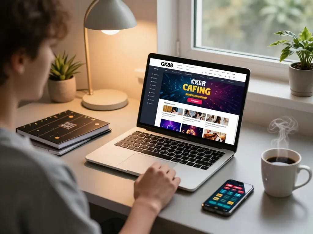 Engaging GK88 online gaming scene with a player strategizing at home, showcasing casino app on laptop.