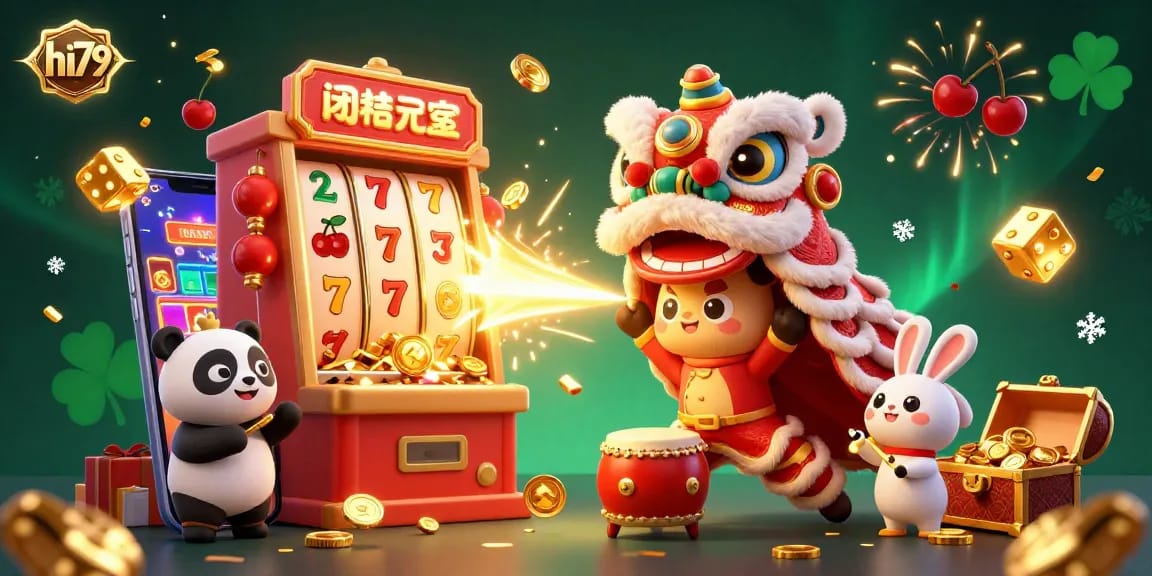 Experience the excitement of hi79's casino games with vibrant 3D illustrations showcasing a lively lion dance and slot machines.