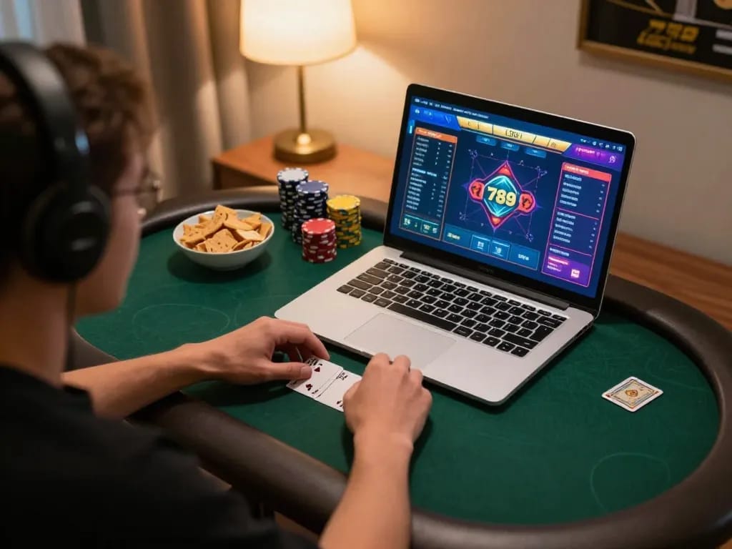 Engaging gameplay on 789club's poker interface during a cozy home gaming session.