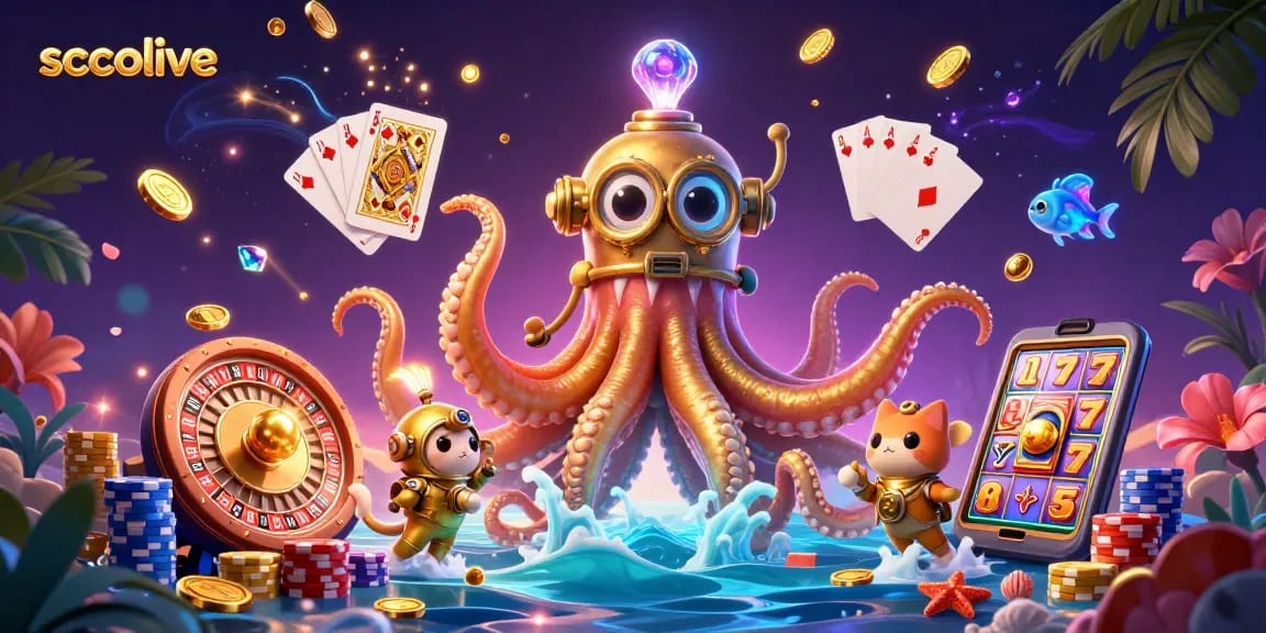 Socolive showcases a thrilling gaming adventure with a colossal kraken and a diving cat amidst sparkling gems and casino elements.