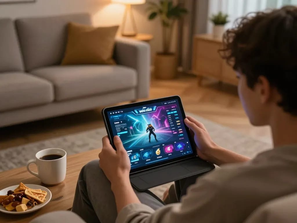 Engaged player enjoying iwin club on tablet in cozy home setting with snacks and warm lighting