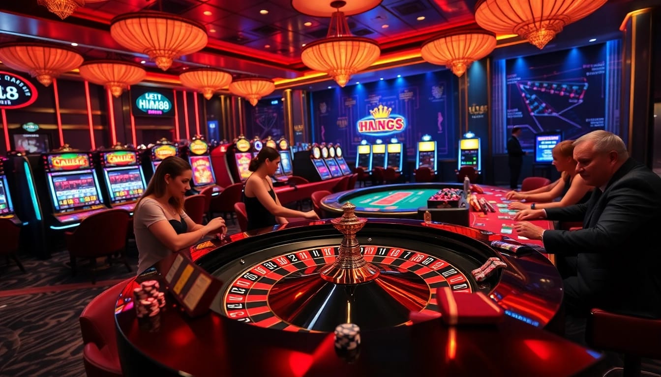 Engage in thrilling gameplay at HM88 with vibrant casino tables and colorful slot machines.