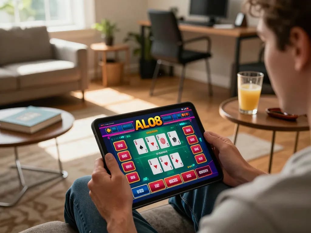 Player engaging with ALO8 online casino app on tablet in a cozy home workspace