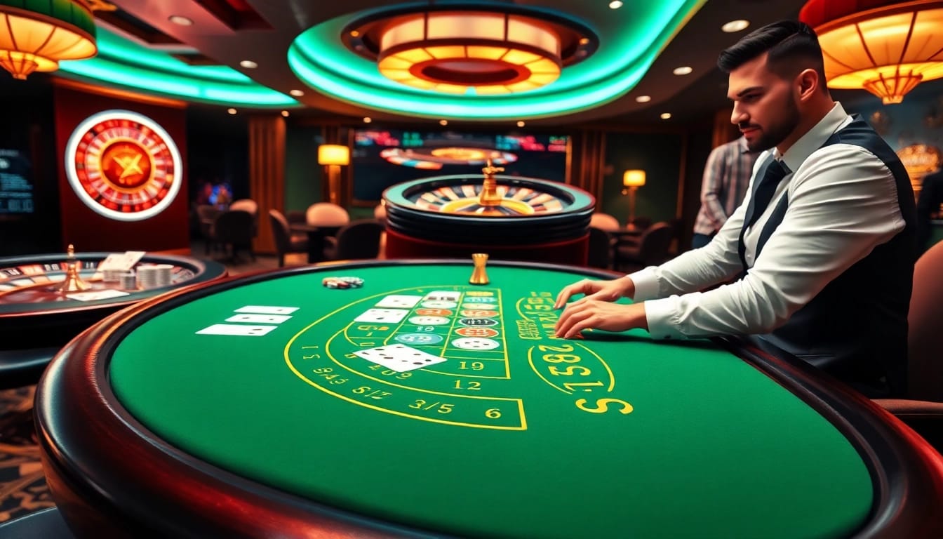 Experience thrilling gameplay at 98Win with vibrant casino settings featuring poker and roulette.
