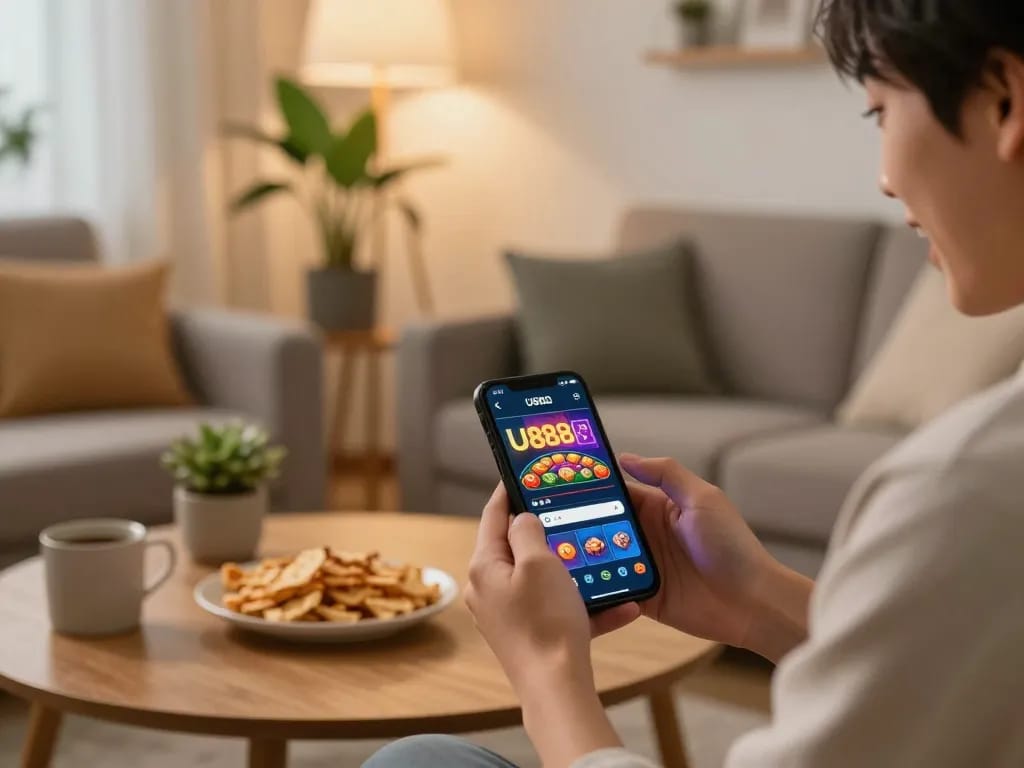 Engaging with the U888 casino app on a smartphone in a cozy living room setting.