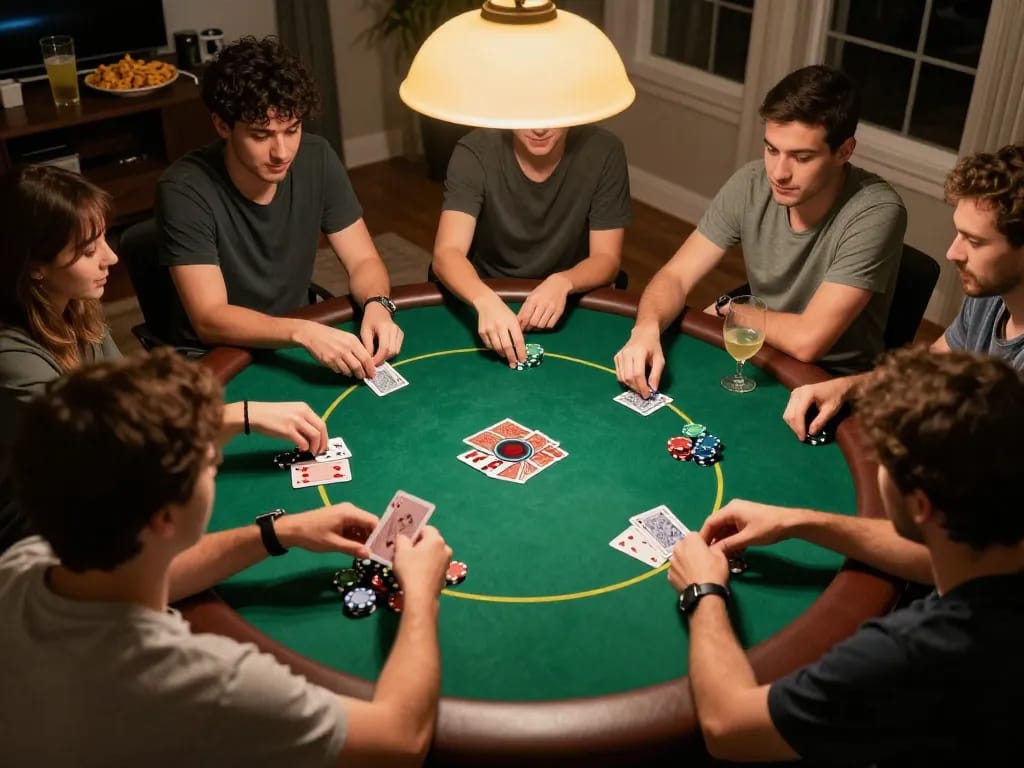 Players strategizing during an engaging home poker night, showcasing the excitement of LV88 games.