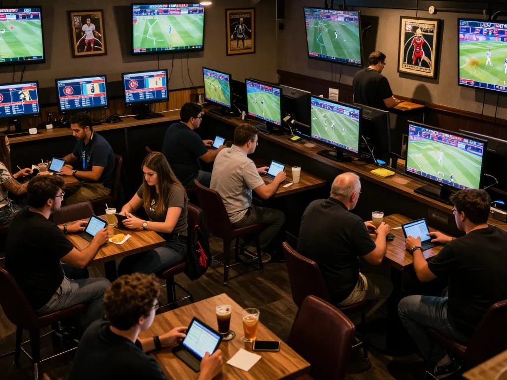 Engaged gamblers placing bets at JUN88 during a live sports event, showcasing excitement and camaraderie.