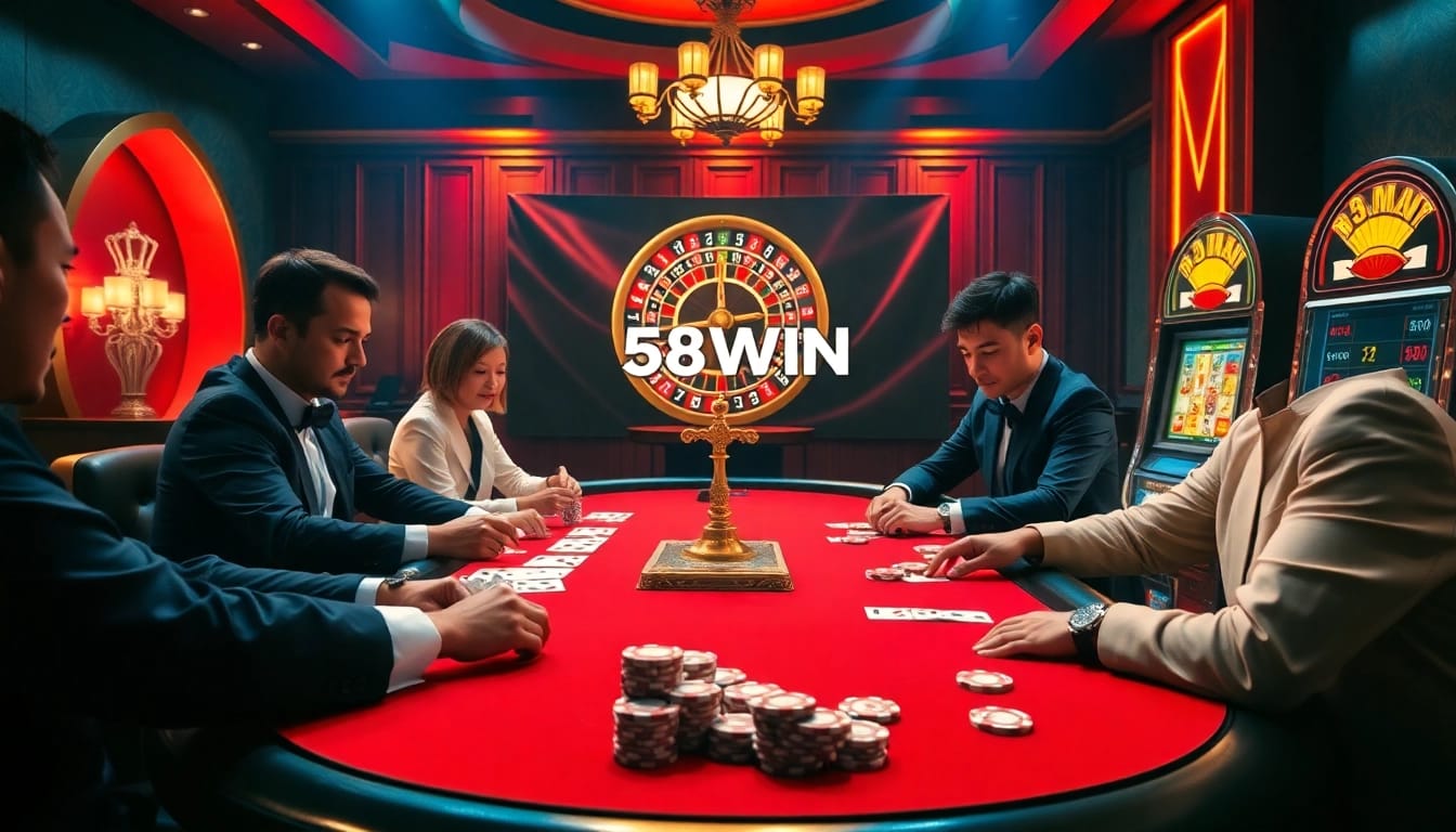 Engaging poker game at nhà cái 58WIN casino with vibrant atmosphere and exciting decor.