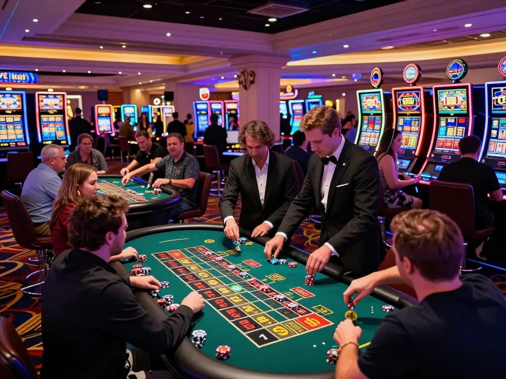 Pucuk138 betting excitement captured at a vibrant roulette table in Las Vegas, showing players placing bets.