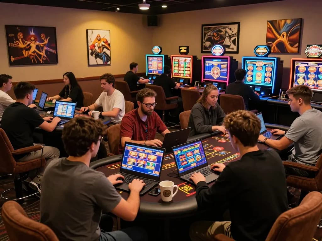 Luck8 players fully engaged in strategic online casino games from home, with dynamic action on digital screens.