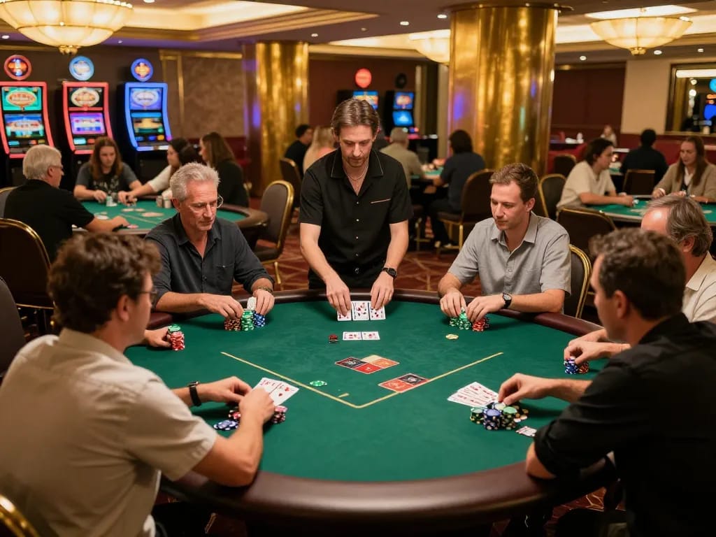 Players enjoying a strategic poker game at MM88 casino, engaging in competitive gameplay surrounded by a vibrant atmosphere.