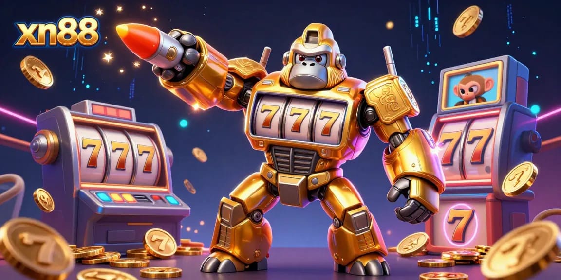 Win big with xn88 in this vibrant 3D casino illustration featuring a golden gorilla mech and exhilarating slot game elements.