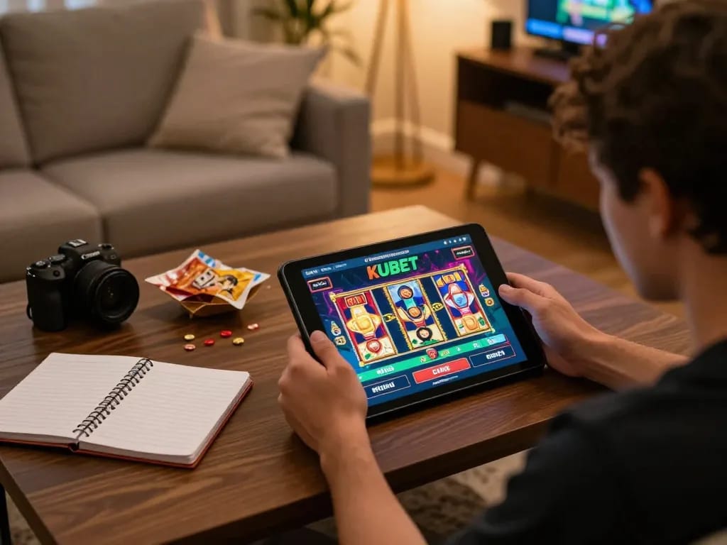 KUBET player engaged in online casino gaming on a tablet, showcasing a cozy and responsible home setting.