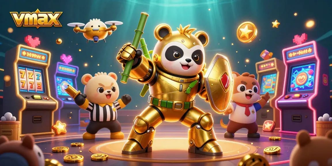 Experience vmax gameplay excitement with 3D characters and slots in a vibrant casino arena illustration.
