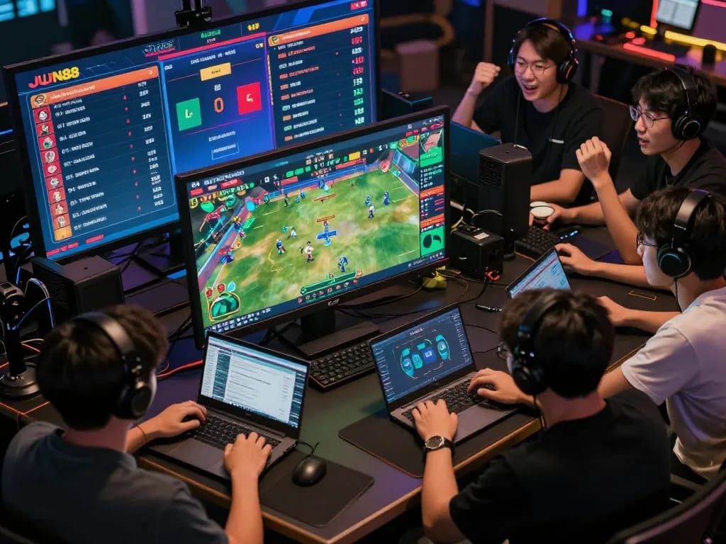 Excited bettors engaging in online sports betting on JUN88, showcasing real-time game stats and strategy.