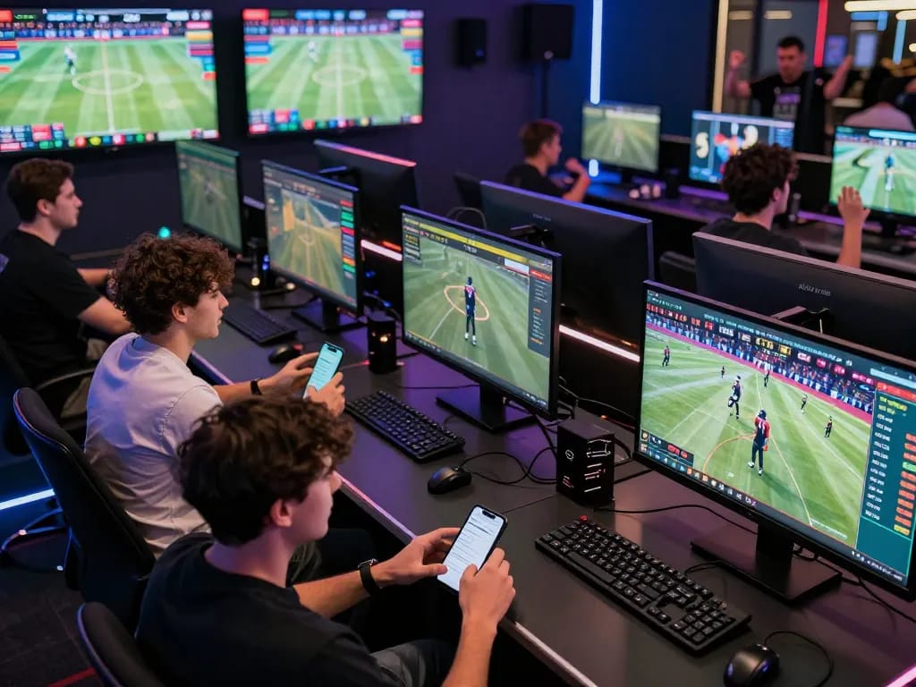 SBOBET users engaging in live sports betting online with digital screens displaying odds and matches
