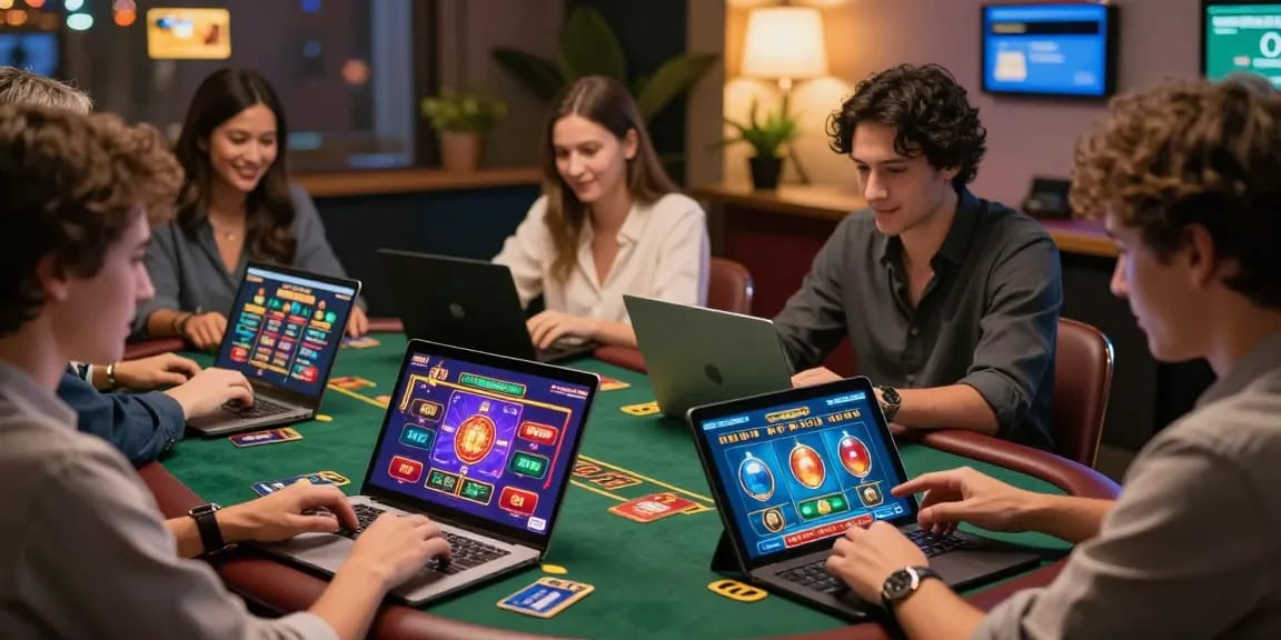 Players enjoying credit card casinos at jumpspace.org.uk with diverse gaming devices, vibrant atmosphere, and secured payment symbols.