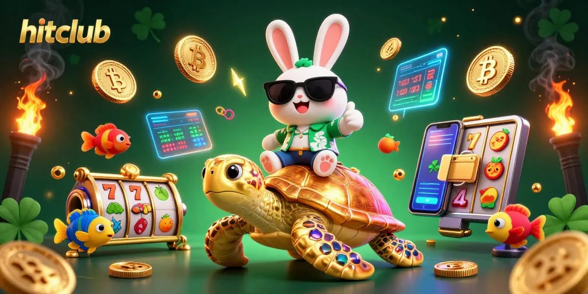 Hitclub showcases a vibrant 3D scene of a lucky rabbit and golden turtle amidst gambling elements, illustrating high-stakes excitement.