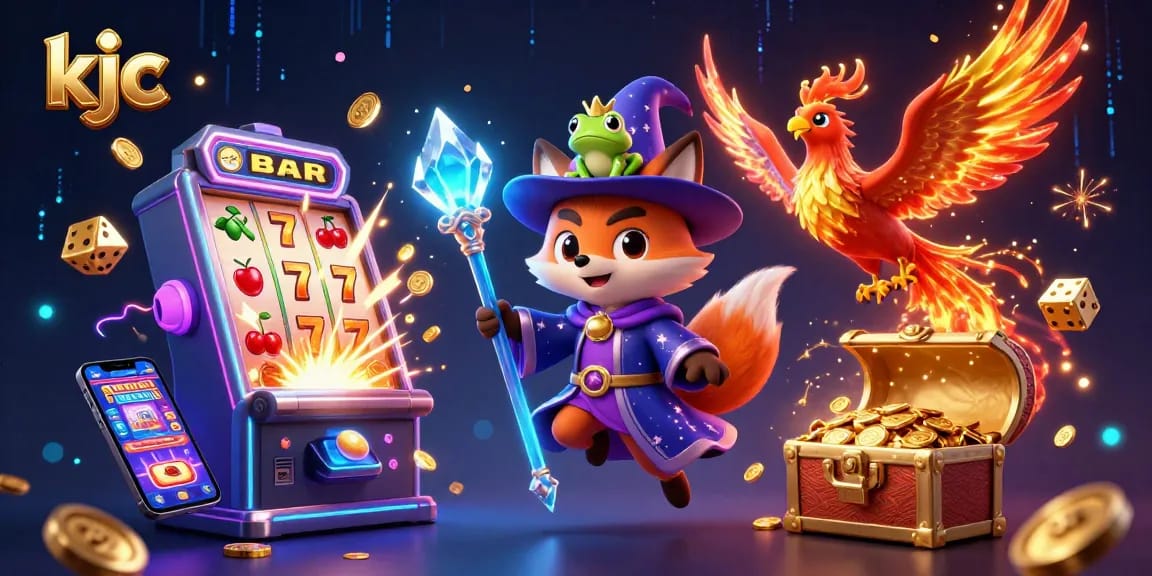 KJC captivating casino scene featuring a wizard fox and phoenix, all amidst a jackpot explosion