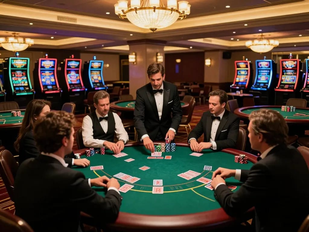 Engaged players enjoying poker at ONE88.COM casino, dynamic gameplay with vibrant atmosphere.