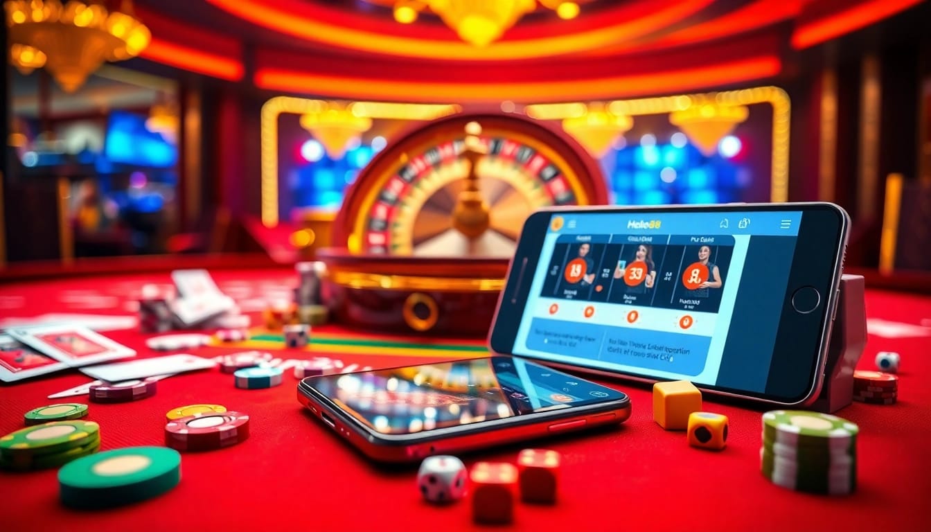 Hello88 online casino table featuring vibrant chips, dice, and playing cards that enhance the gambling experience.