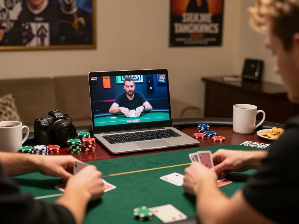 Engaged player at home using five88z platform for online poker with chips and cards in focus.