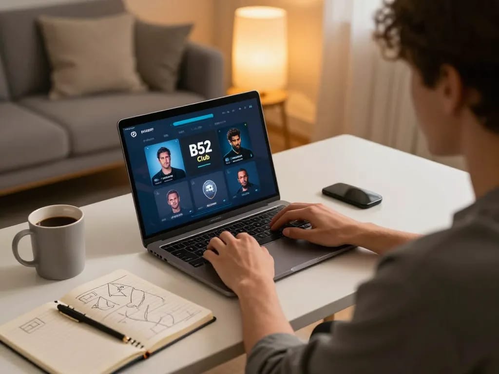 B52 Club player engages in online gaming from home, showcasing strategy and comfort.