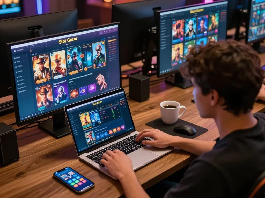 Engaging online gaming scene featuring Slot Gacor on a laptop with a player focused on strategy.
