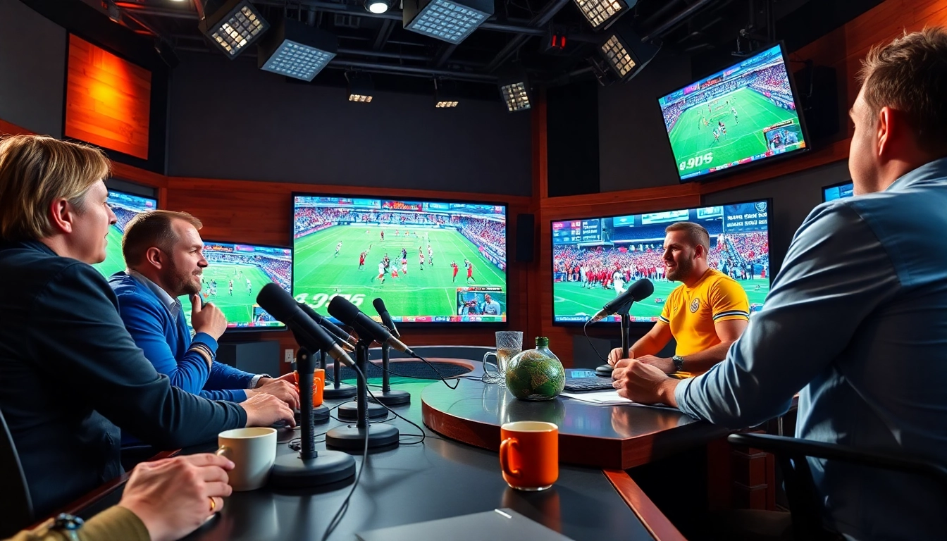 Hosts presenting live Sports Broadcasting in a vibrant studio atmosphere with engaging visuals.