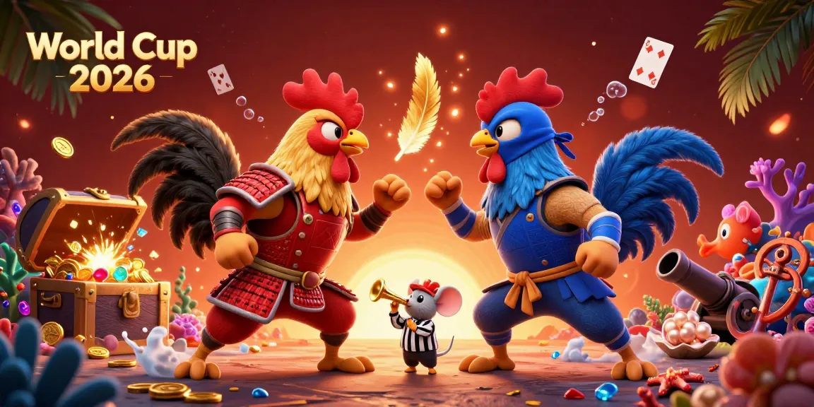 Experience World Cup 2026 through an exciting 3D illustration of roosters in battle, gamified elements, and vibrant visuals.