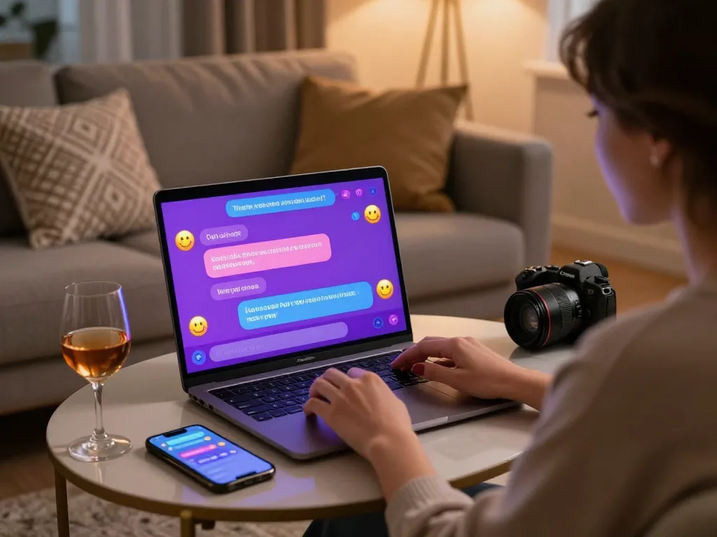 Engaging in AI sex chat on a laptop in a cozy home setting.