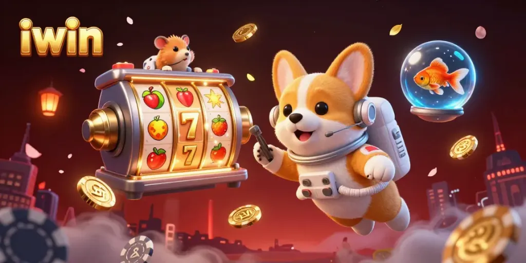 Engage with iwin's energetic space casino scene featuring a corgi and exciting slots.