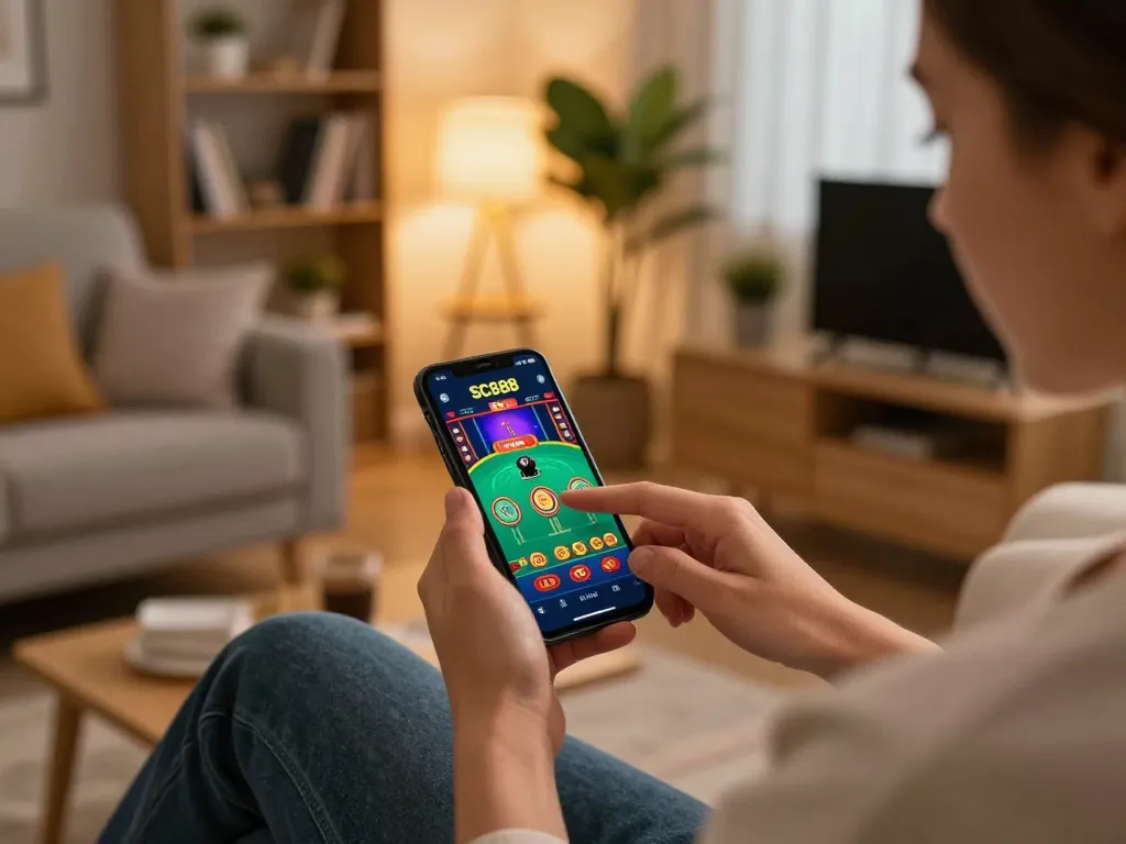 Player engaging with SC888 casino app on smartphone during a cozy home gaming session