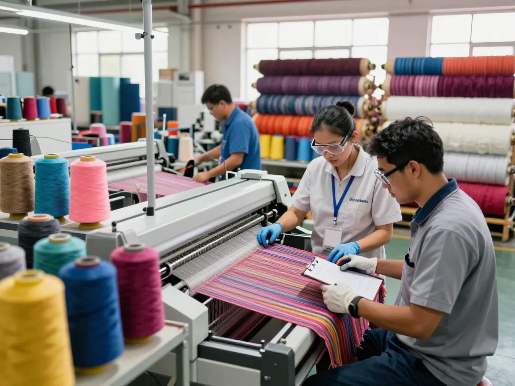 Sunwin workers in modern textile factory operating machines, showcasing quality fabrics production.