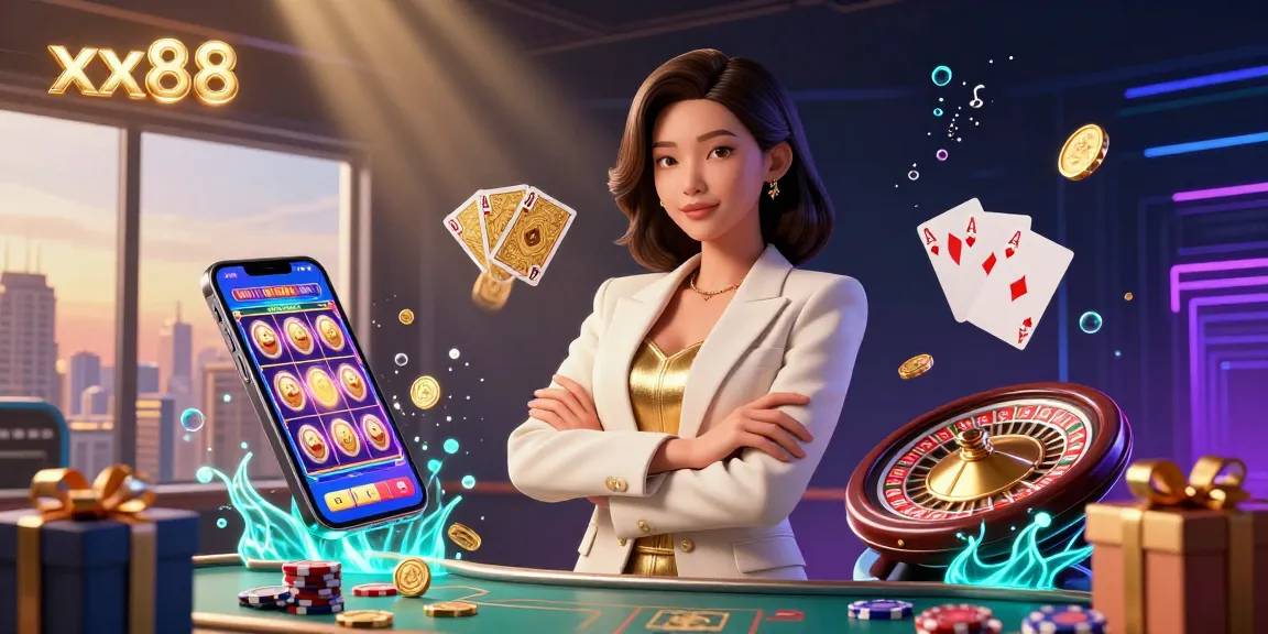 Engage with xx88's vibrant casino scene featuring an elegant woman holding cards amidst dynamic gambling elements.