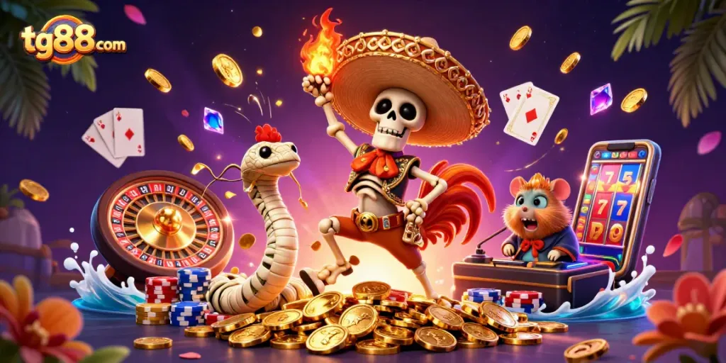 Experience tg88com's thrilling victory as a mariachi rooster dances on golden coins, surrounded by vibrant casino elements.
