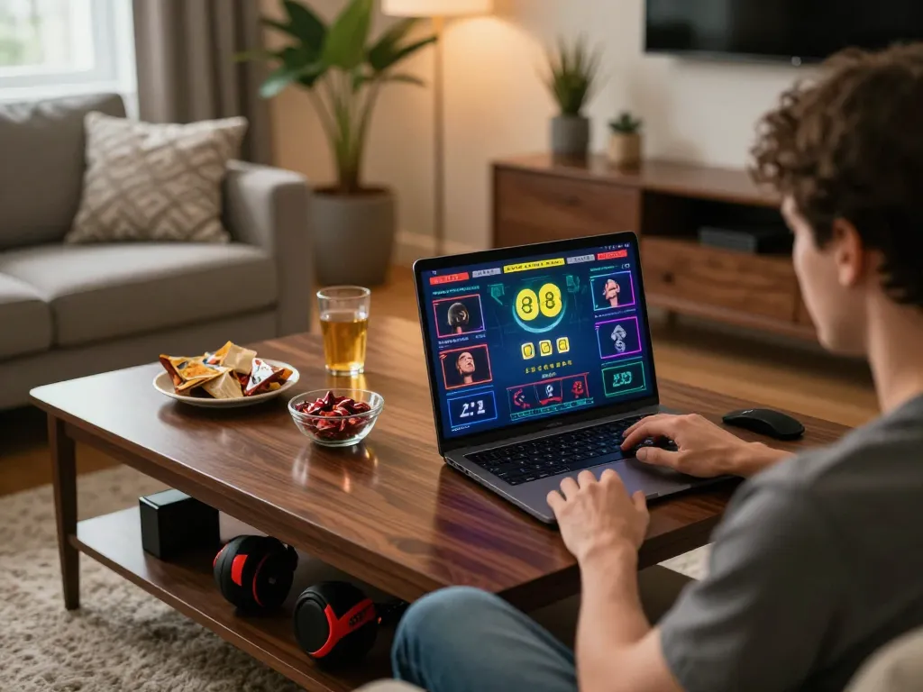 Engaging in live betting on ee88 from a stylish home setup, showcasing modern lifestyle