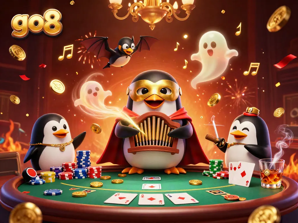 Experience the excitement at go8 with a vibrant scene of a penguin playing a casino organ amidst poker elements and celebrations.