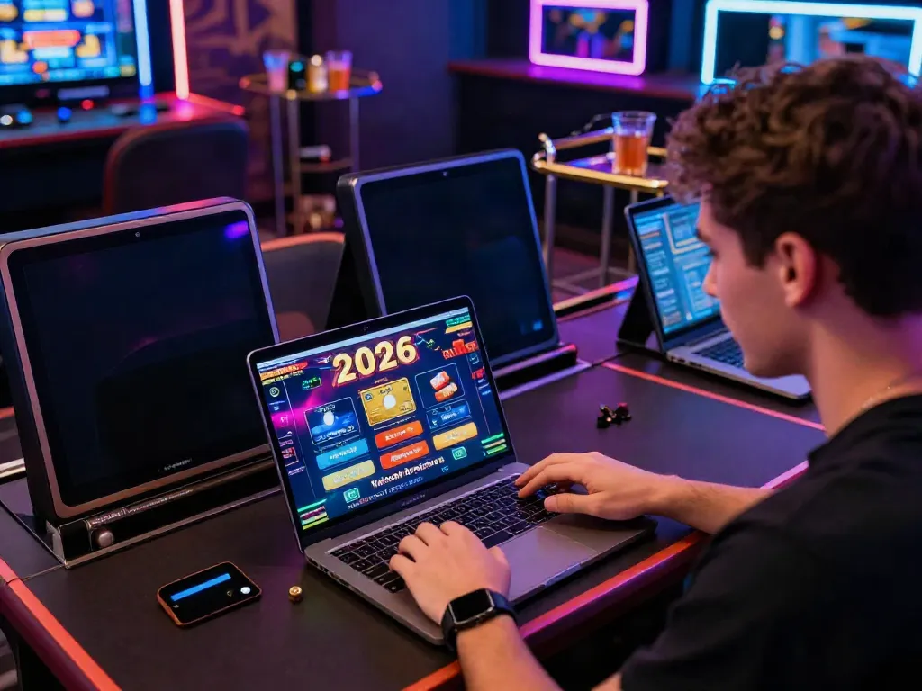 Player enjoying online gaming at an engaging casino that accepts credit card, vibrant interface and promotional materials visible.