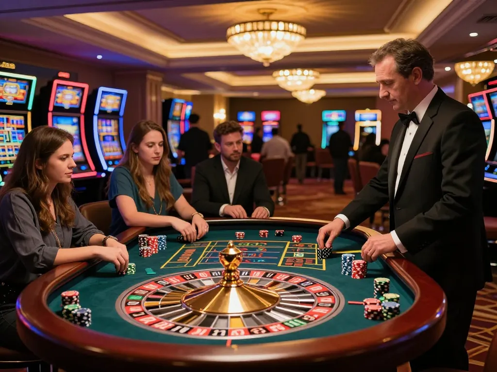 Players eagerly betting on the vibrant roulette table at 7M casino, focusing on the dealer spinning the wheel.