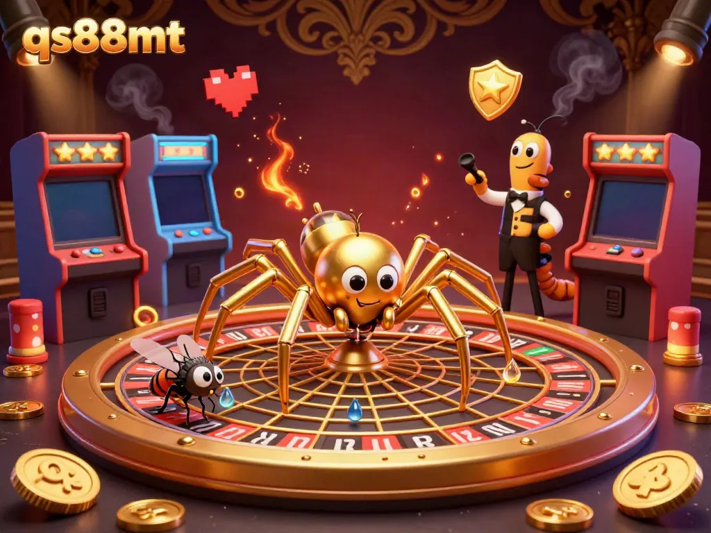 Experience thrilling action with qs88mt as a golden spider spins a roulette wheel web surrounded by vibrant game elements.