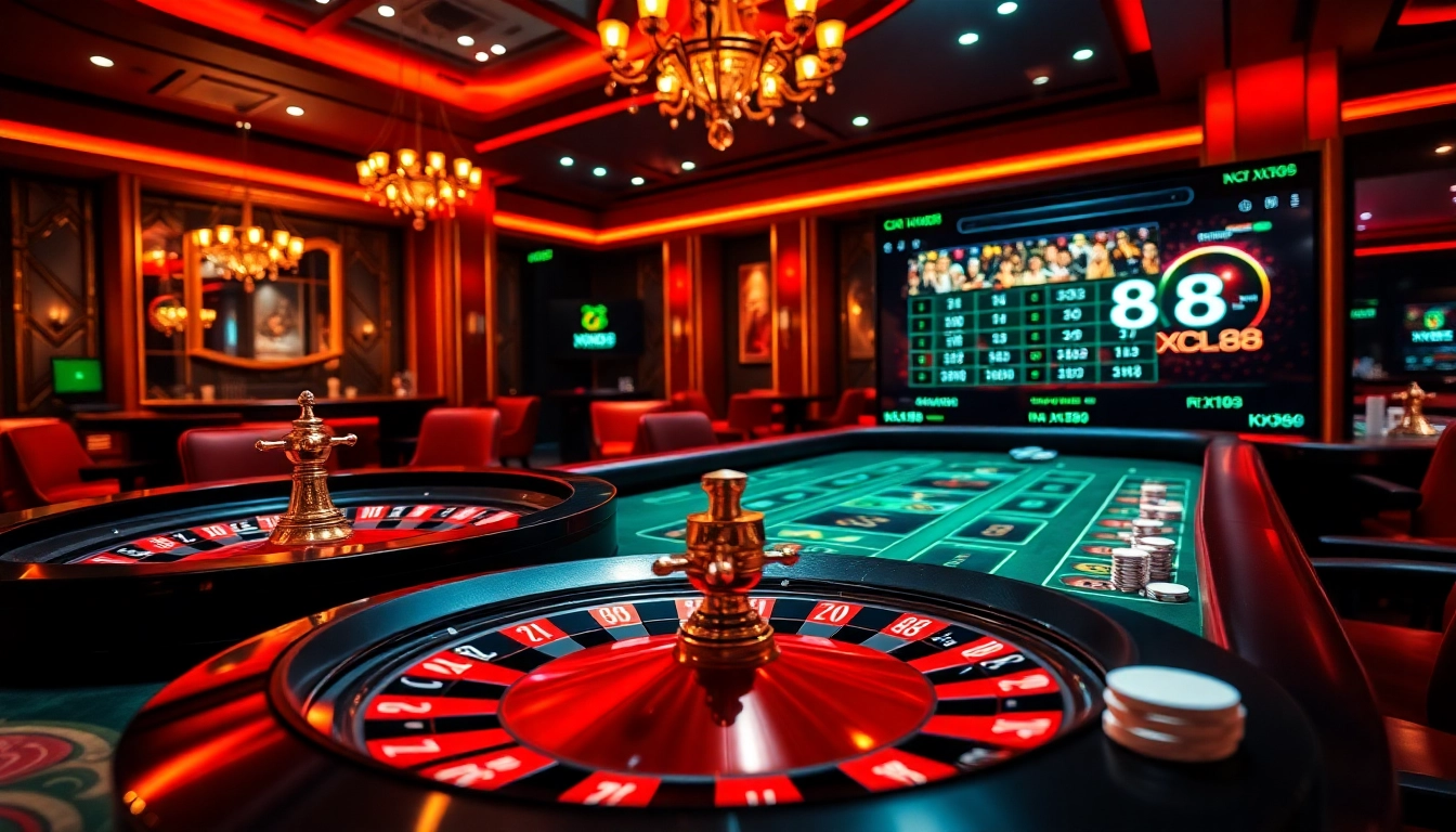 Players engaging in an exciting roulette game at KJC XX88 casino, showcasing vibrant poker chips and luxurious ambiance.